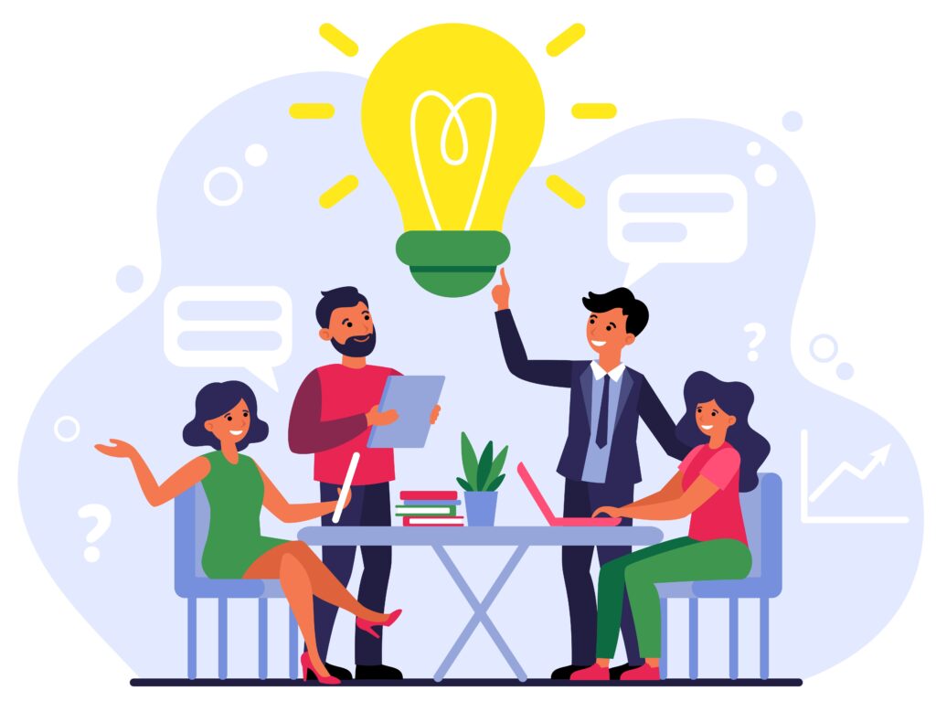 Team brainstorming around a table with a large light bulb symbolizing a new idea.