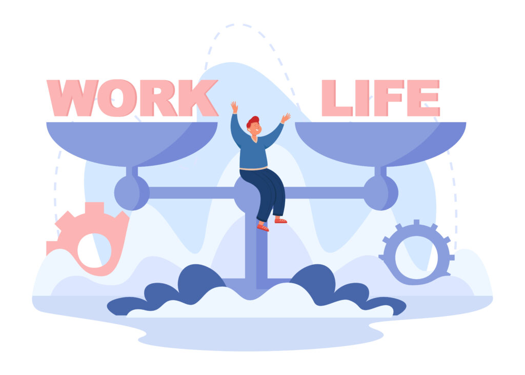 Man happily balancing on scales labeled "Work" and "Life.